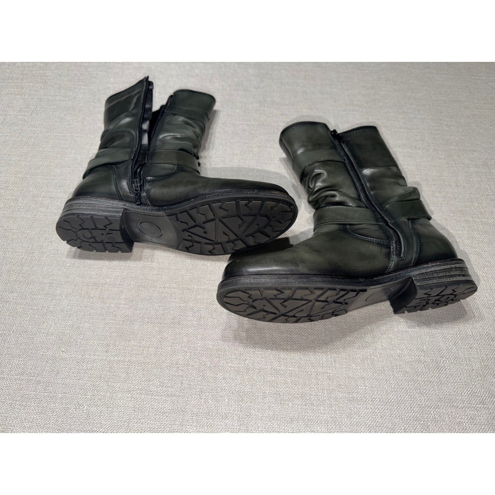 Eric Michael Green Leather Slouch Moto Mid-Calf Boots Buckle Straps Womens 38 - Picture 6 of 10